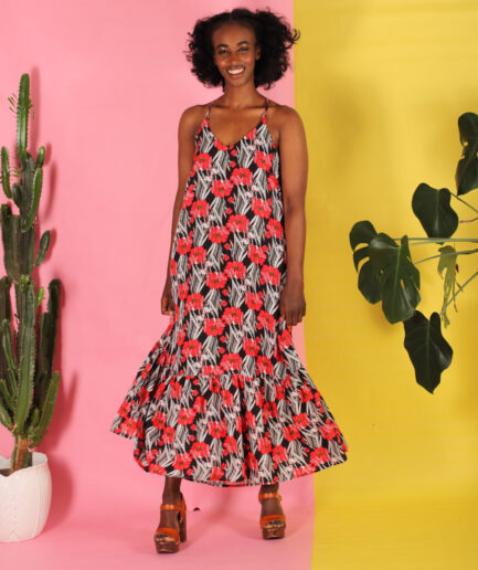 Volantkleid Saram mit Mohnblumen-Muster