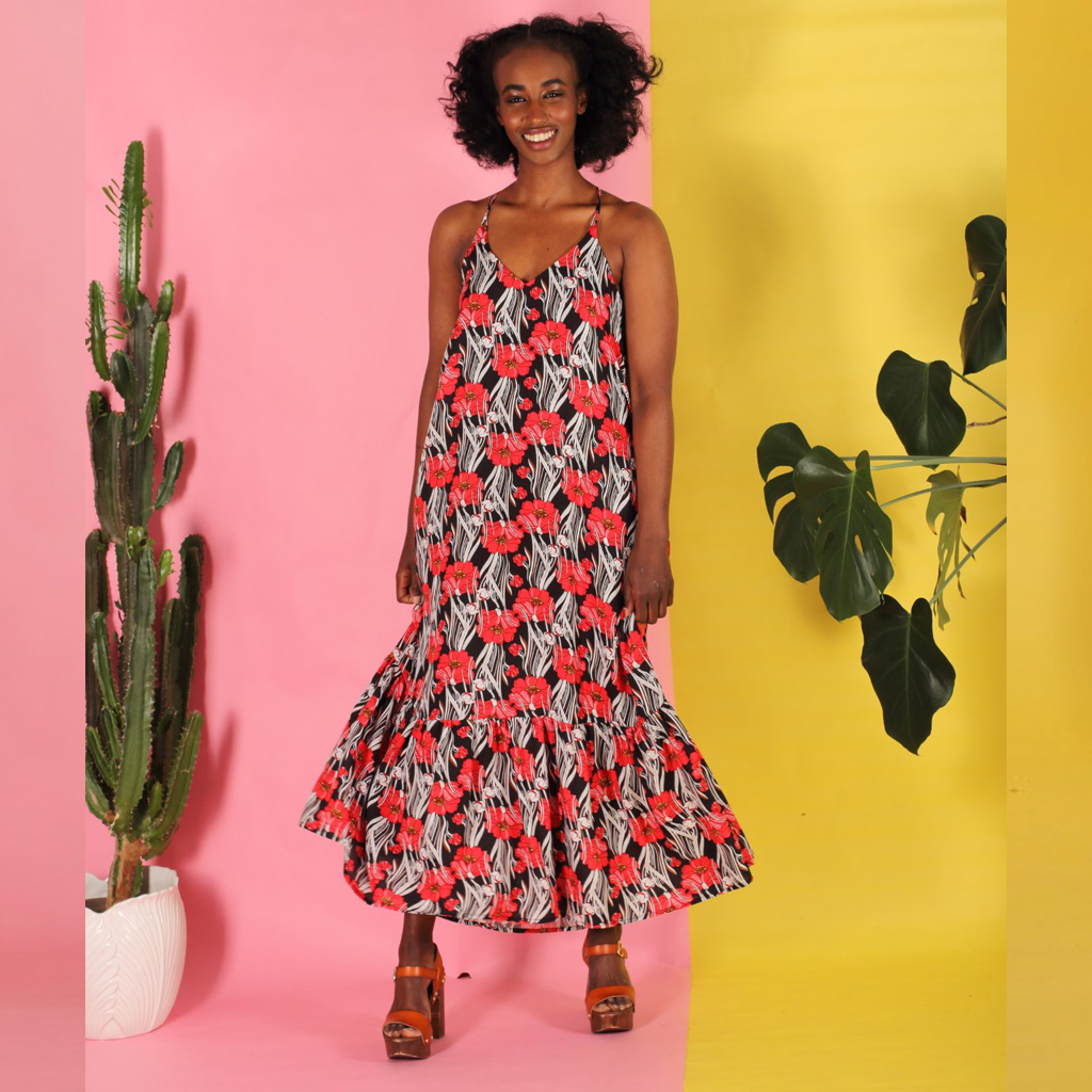 Saram_Blumen Volantkleid Saram mit Mohnblumen-Muster