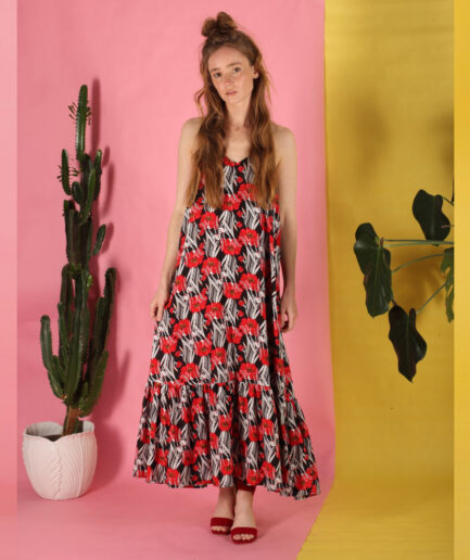 Volantkleid Saram mit Mohnblumen-Muster