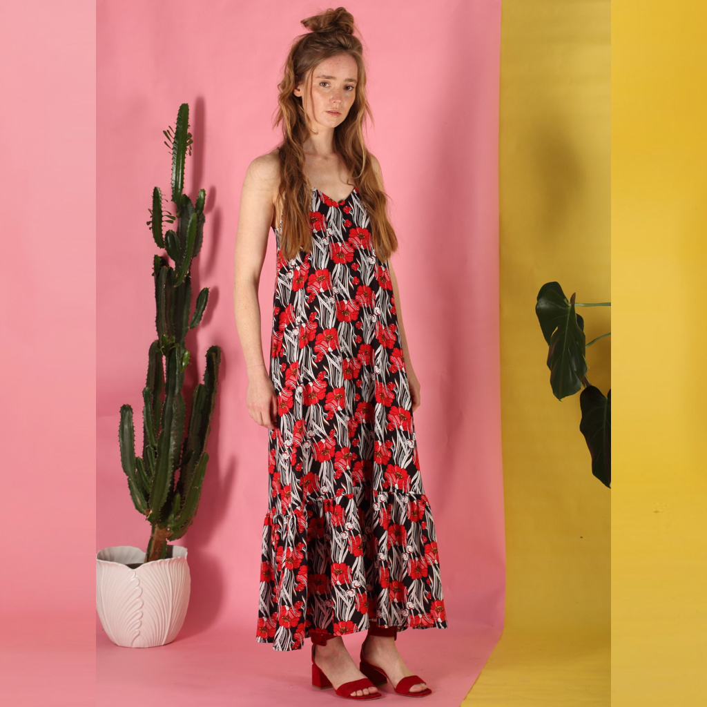 Saram_Blumen7 Volantkleid Saram mit Mohnblumen-Muster